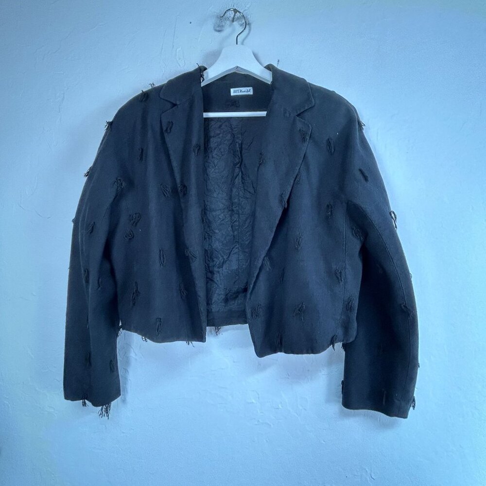 Ann May Womens Black Cropped Blazer Jacket 100% Silk Textured Open Front Size 14